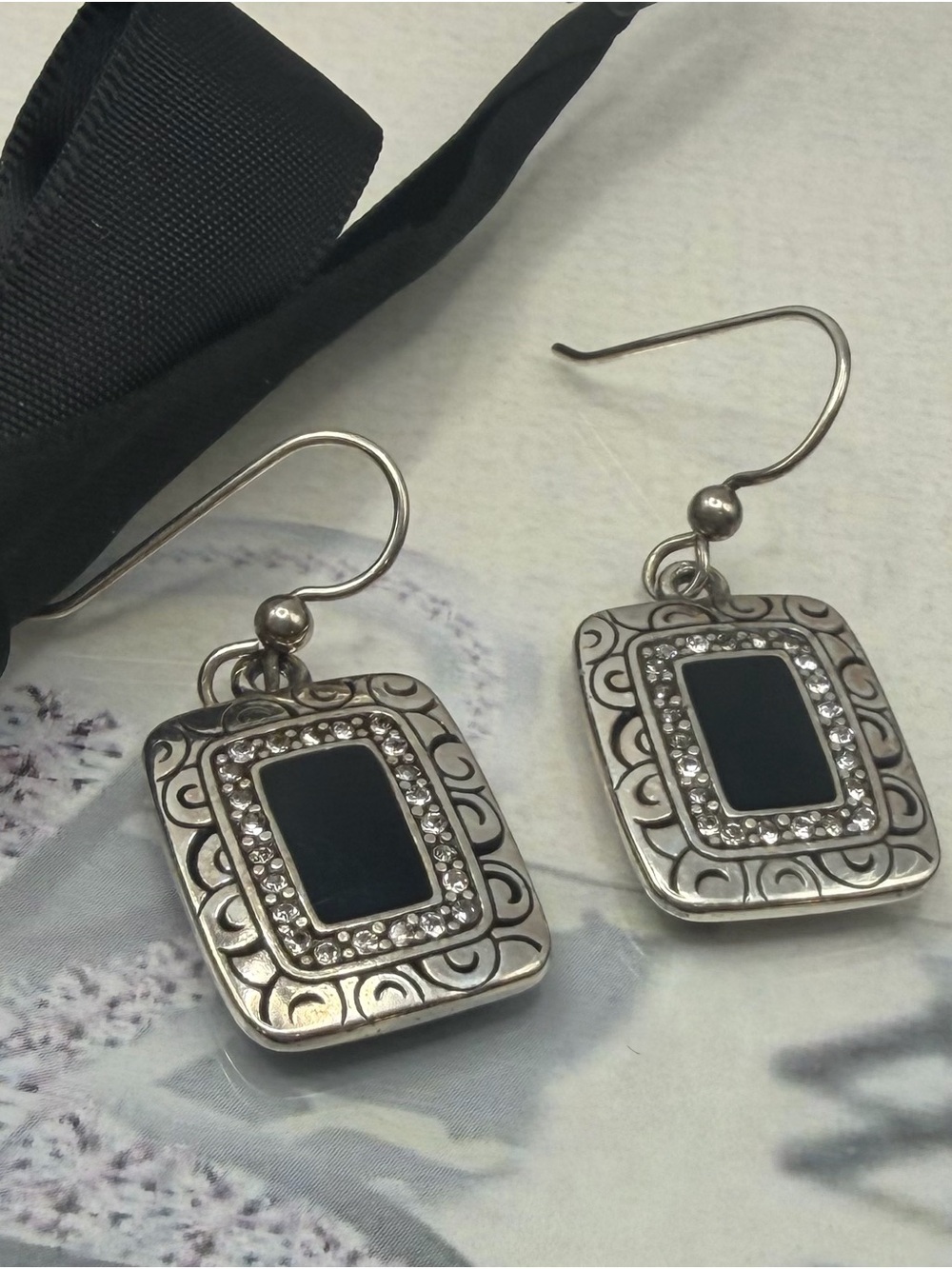 Brighton Rhythms Silver-Tone Black Rectangular Drop Earrings